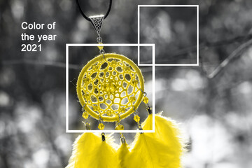 Handmade dream catcher with feathers threads and beads rope hanging. Color of the year 2021