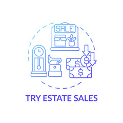 Trying estate sales concept icon. Tag sales idea thin line illustration. Shopping tip. Making money off unwanted possessions. Garage, yard sale items. Vector isolated outline RGB color drawing