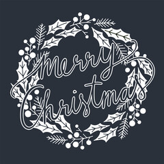 Merry Christmas Typographical on Christmas Wreath. Merry Christmas and Happy Holiday for greeting card. Isolated vector illustration. © yatate
