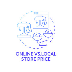 Online vs. local store price concept icon. Informed customer tip idea thin line illustration. Exclusive sales. Cheapest deals and promotions online. Vector isolated outline RGB color drawing