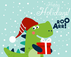 Cute winter holiday illustration with funny dinosaur. Christmas and Happy Holidays vector card