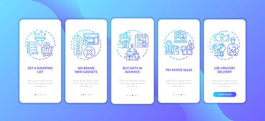 Smart shopping tips onboarding mobile app page screen with concepts. Shopping list, tag sales walkthrough 5 steps graphic instructions. UI vector template with RGB color illustrations
