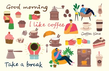 Coffee set illustrations. People spend their time in the cafeteria, drinking cappuccino, latte, espresso and eating desserts