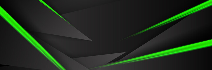 Black abstract corporate graphic design with green glowing light. Technology concept background. Vector illustration © Roisa