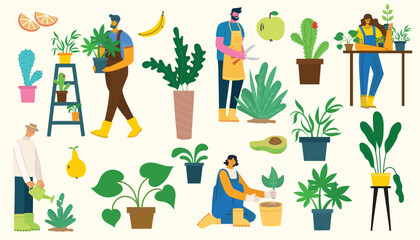 Fototapeta premium Vector set of village people with organic food, flowers and plants