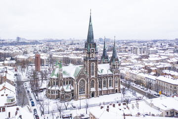 Obraz premium Aerial veiw on Elizabeth church in Lviv, Ukraine from drone