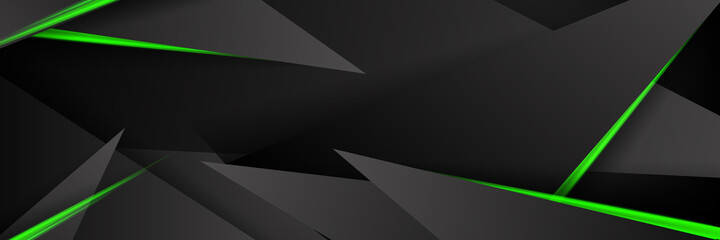 Modern abstract futuristic hexagon carbon fiber and glowing light green luminous lines in black dark room technology background