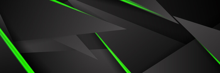 Futuristic green and black abstract gaming banner design with metal technology concept. Vector illustration for business corporate promotion, game header social media, live streaming background