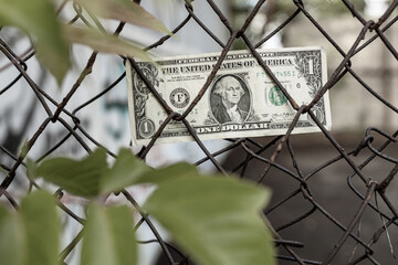 money stuck in the plexus of a metal lattice