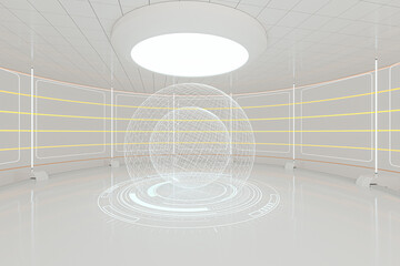 Creative round room, empty presentation room, 3d rendering.