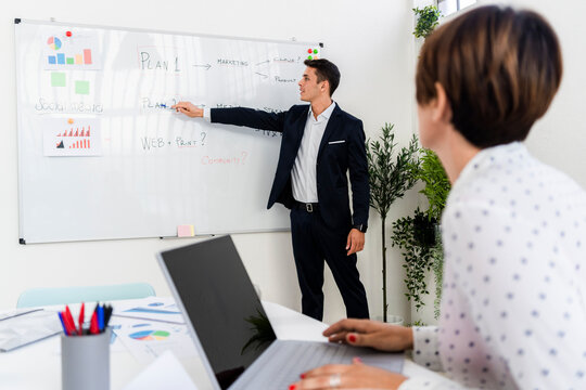 Young businessman explaining plan to female colleague during meeting