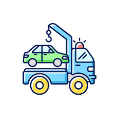 Towing service RGB color icon. Helping people to move their broken vehicles. Dangerous car accident in winter weather. Isolated vector illustration