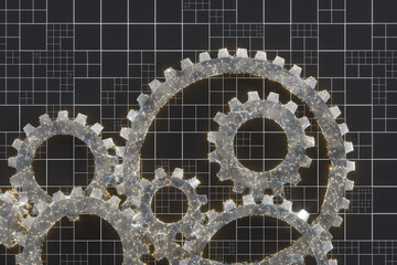 Mechanical gears and blueprint lines, 3d rendering.