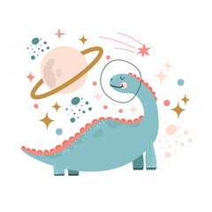 Cute little Space dino with planet, stars and comets around. Astronaut dinosaur. Can be used for cards, kids, baby fashion, textile, fabrics, posters, t-shirts. Isolated design elements.