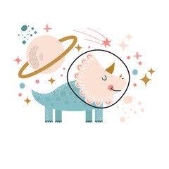 Cute little Space dino with planet, stars and comets around. Astronaut dinosaur. Can be used for cards, kids, baby fashion, textile, fabrics, posters, t-shirts. Isolated design elements.