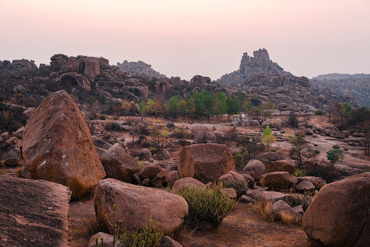 Landscape scenery of rocky mountain during sunrise, Karnataka, Hampi, India