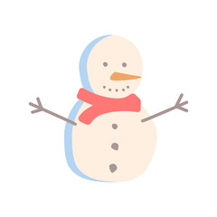 Happy snowman flat vector abstract element. Christmas decoration RGB color clipart. Winter season. Festive tradition. Snow man with scarf isolated organic shape on white background