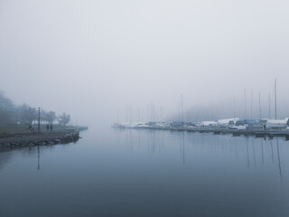 Ocean and a boat port that is shrouded in a blue fairy-tale fog.