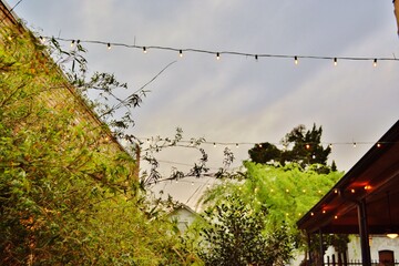 country town skyline, string lights