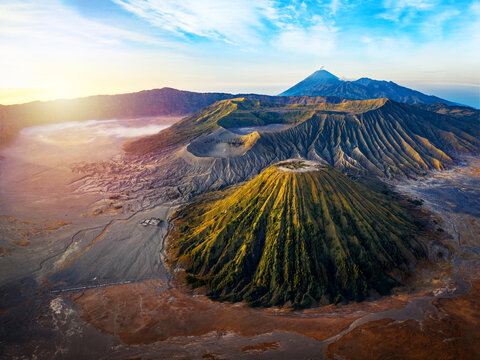 aerial view of the sunrise at the vulcano bromo national park indonesia on the island java