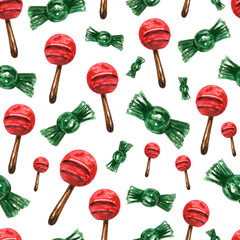 Seamless hand drawn watercolor pattern of lollipops and candies isolated on white. Halloween party wrapping. Trick or treat texture. Birthday celebration. Decorative backdrop for packaging or textile