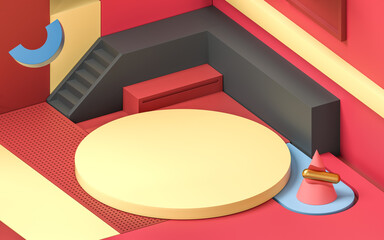 Podium in a room filled with creative geometrical shapes, 3d rendering.