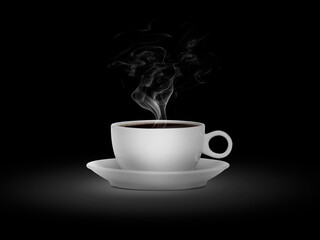 white cup with hot liquid and steam on black background