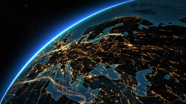European map with bright connections. Aerial, maritime, ground routes and country borders. 
