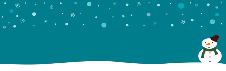 Christmas and Happy New Year greeting vector card template. Winter concept flat landscape with snowman and snoeflakes. Vector Illustration.