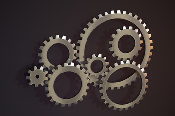 Meshing mechanical gears, metallic parts, 3d rendering.