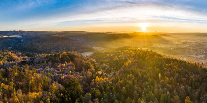 Drone view of autumn forest at foggy sunrise