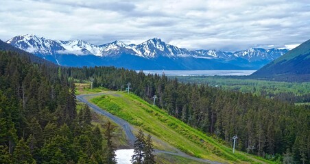 Fototapeta na wymiar Alyeska Resort on a Cloudy Spring Day in Alaska