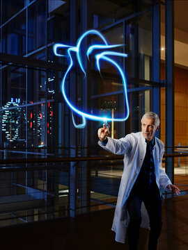 Male cardiologist examining heart in laboratory at hospital