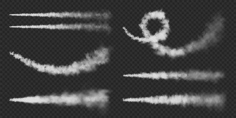 Realistic airplane condensation trails. Space rocket launch. Missile or bullet trail. Jet aircraft tracks. White smoke clouds, fog. Steam flow. Vector illustration. © 32 pixels