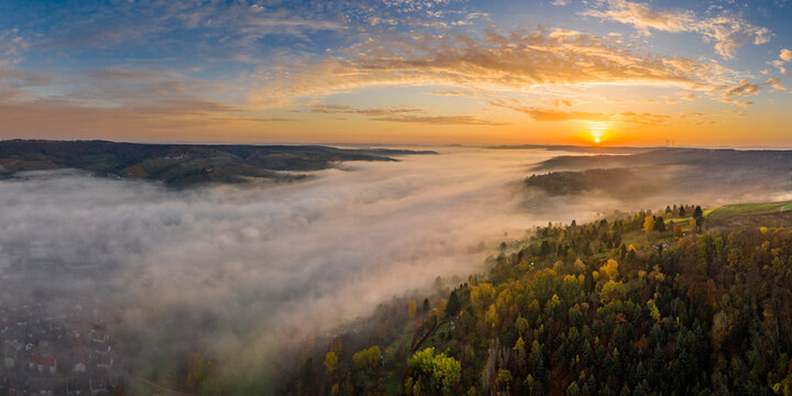 Drone view of autumn forest shrouded in thick fog at sunrise