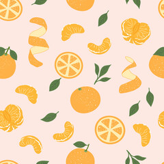 Tangerines cute seamless pattern. Trendy hand drawn vector stylised whole fruit, leaves, slices, peel fruits. Repeated citrus on light background. Design for web banner, wrapping, Christmas print