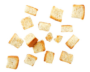 Wheat square croutons croutons falling on a white background. Isolated - obrazy, fototapety, plakaty