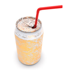 Gold frozen aluminum beer or soda can with frost isolated on white background.