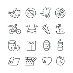 Fitness related icons: thin vector icon set, black and white kit