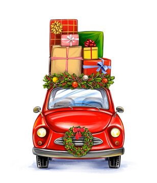 gift box on the car, Decorative Christmas ornament, art illustration painted with watercolors isolated on white background