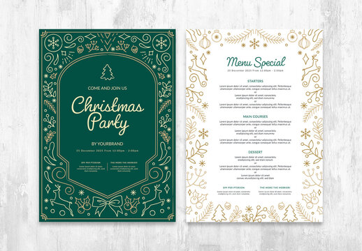 Christmas Menu Poster Flyer Layout with Ornate Festive Illustrations
