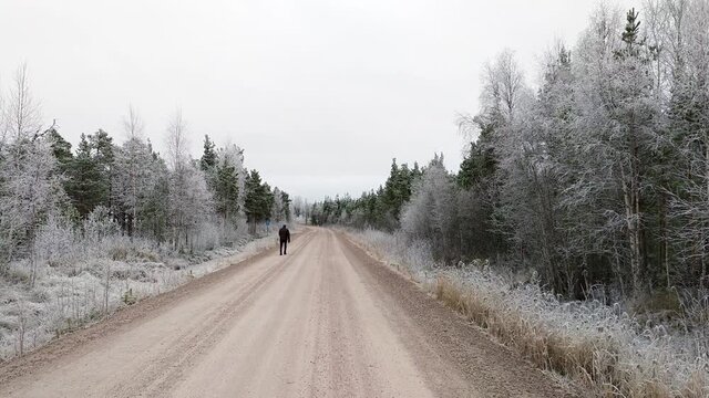 man walking away on dirt road in the woods on a cold winter day with trees covered in hoar frost