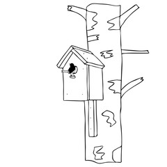 Black hand drawn outline vector illustration of a birdhouse or squirrel house for birds or squirrel from new boards is hanging on a birch tree in spring in forest isolated on a white background