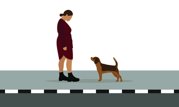 Female Character And Dog Without Collar On The Sidewalk