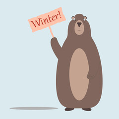 Groundhog holds a sign Winter. groundhog day on february 2.  Vector illustration. groundhog crawled out of the hole and saw his shadow. Groundhog was scared.