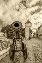Fototapeta na wymiar Medieval cannon on Fortress Street, Sibiu, Transylvania, Romania