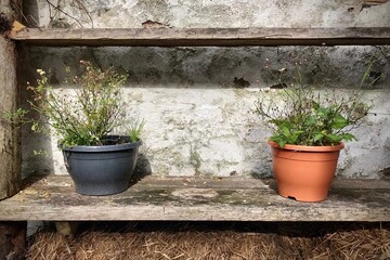 Zwei vernachlässigte Topfpflanzen auf einem Holzregal vor einer alten Mauer