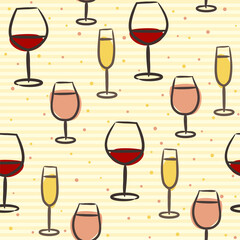 Seamless pattern from hand drawn wineglasses. Vintage background with goblet. Glasses of champagne and liquor. Vector illustration for winery, restaurant, bar.