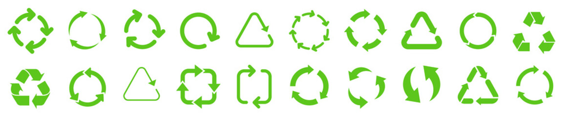 Obraz premium Biodegradable, compostable, recyclable icon set. Set of green arrow recycle. Mega set of recycle icon. Green recycling and rotation arrow icon pack.Vector illustration