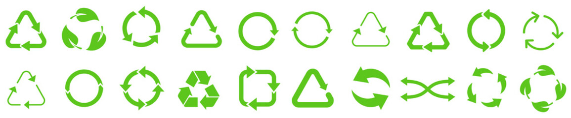 Obraz premium Biodegradable, compostable, recyclable icon set. Set of green arrow recycle. Mega set of recycle icon. Green recycling and rotation arrow icon pack.Vector illustration